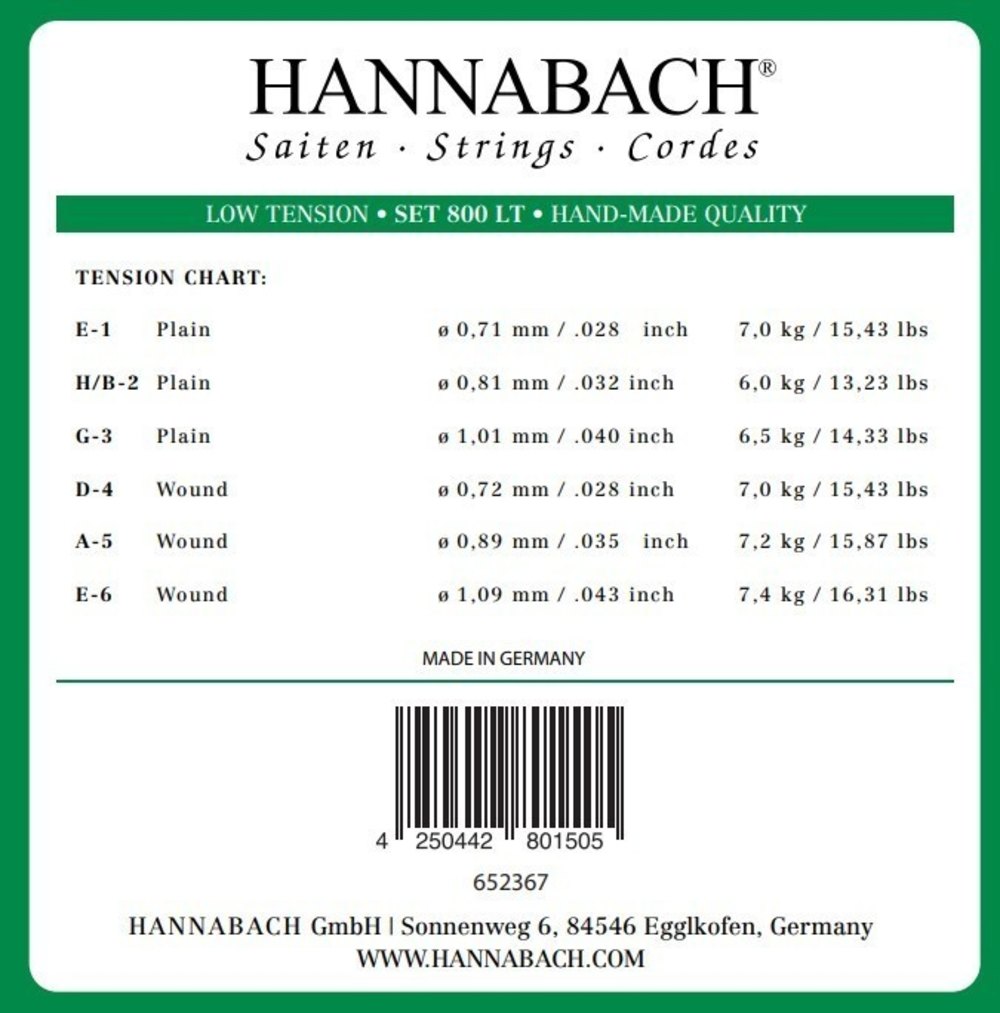Hannabach Serie 800 Low Tension Klassisen kitaran kielet