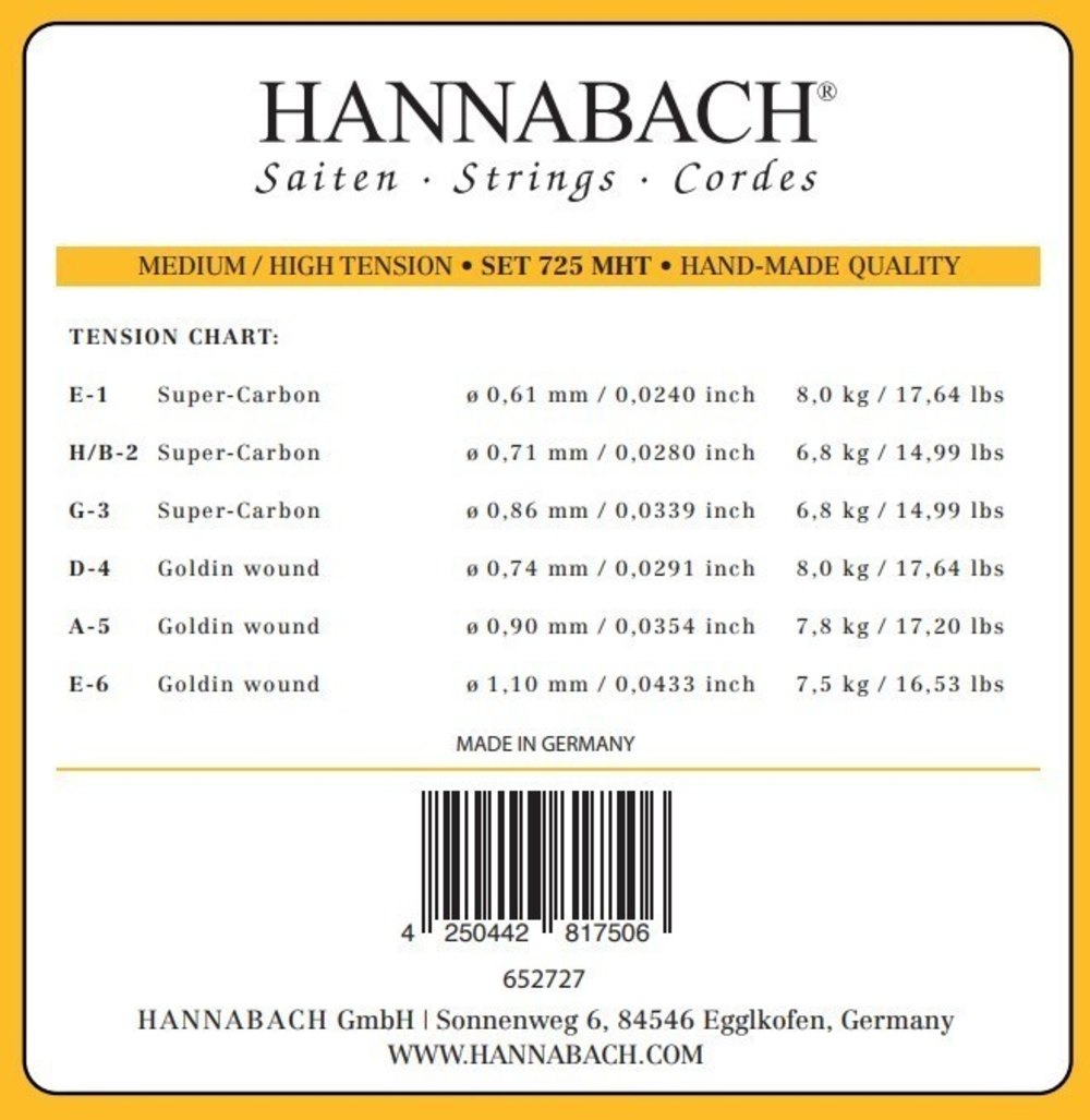 Hannsabach 725 Goldin - Klassisen kitaran kielet (Medium/High Tension)