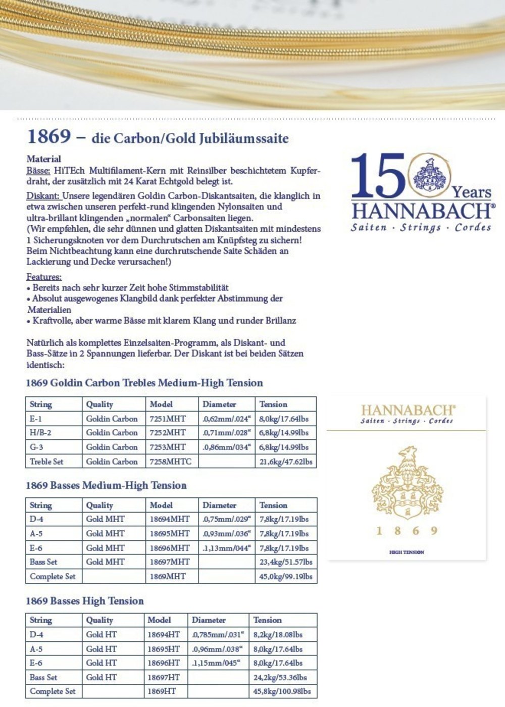 Hannabach Serie 1869 Carbon/Gold MHT Classical Guitar Strings