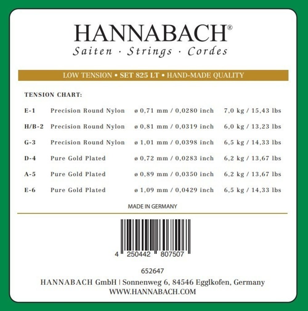 Hannabach Serie 825 Low Tension Klassisen kitaran kieli E6w