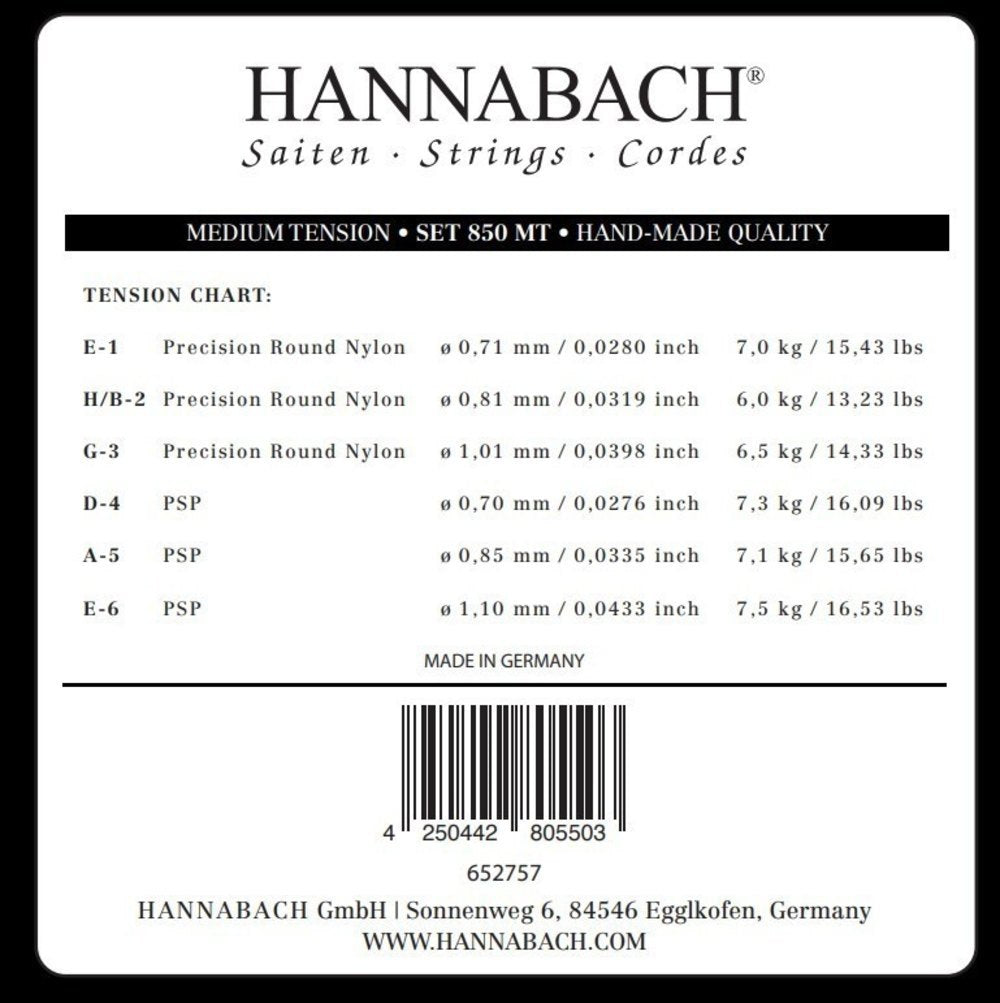 Hannabach Serie 850 Medium Tension PSP A5w Klassisen Kitaran Kieli