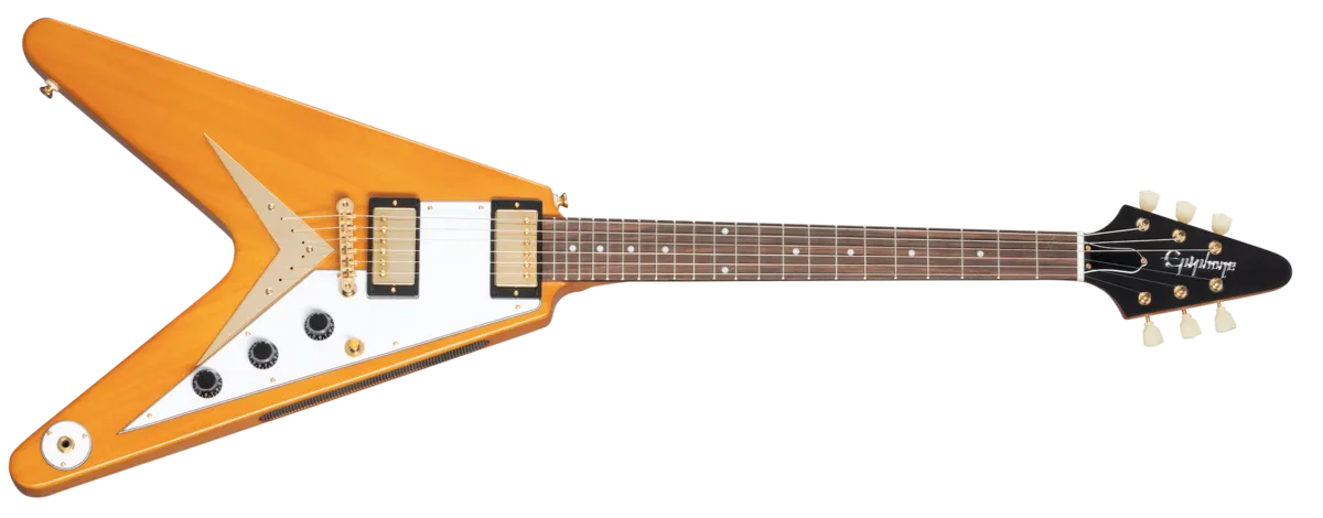 Epiphone 1958 Korina Flying V White Pickguard Aged Natural sähkökitara kotelolla