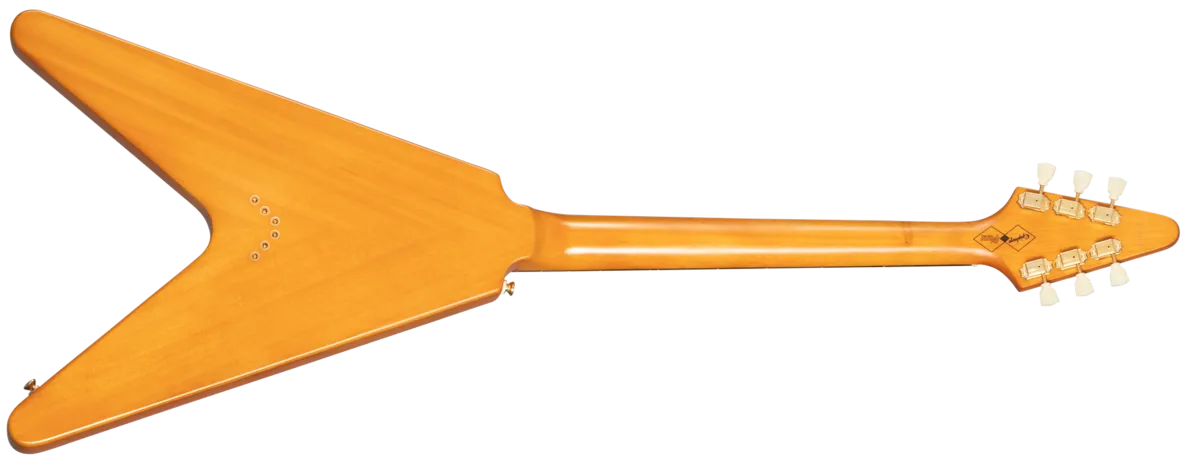 Epiphone 1958 Korina Flying V White Pickguard Aged Natural sähkökitara kotelolla