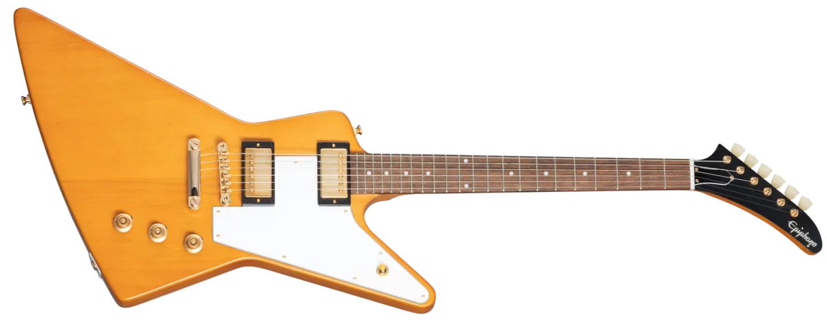 Epiphone 1958 Korina Explorer White Pickguard Aged Natural sähkökitara kotelolla
