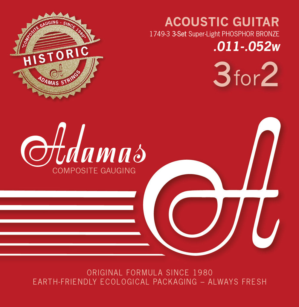Akustisen kitaran kielet Adamas Phosphor Bronze Historic Reissue 3 settiä Super-Light .011